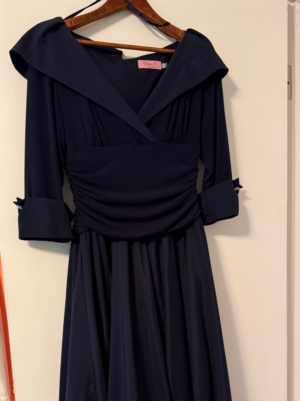 Eliza J Navy Long Sleeve Ruched Waist A-Line Dress